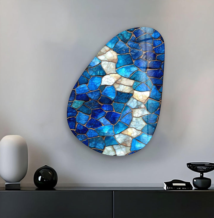 Asymmetrical Oval Blue Stained Glass Wall Art glass pictures for Wall, glass prints wall art
