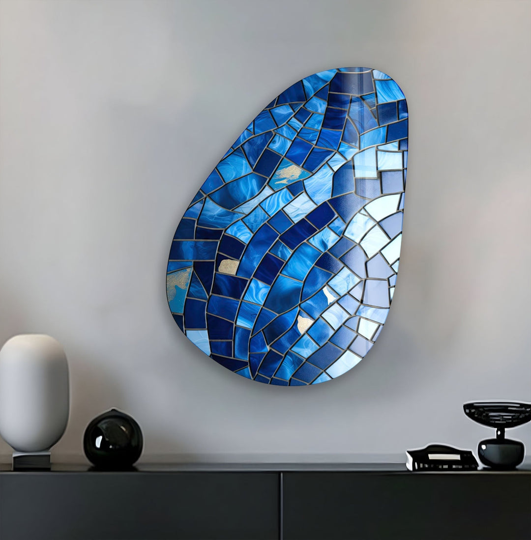 Asymmetrical Oval Blue Stones Glass Wall Art glass art painting, glass art for the Wall
