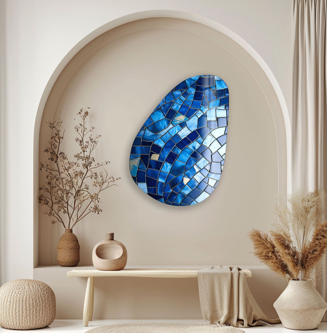 Asymmetrical Oval Blue Stones Glass Wall Art Glass Printing Wall Art, Print photos on glass
