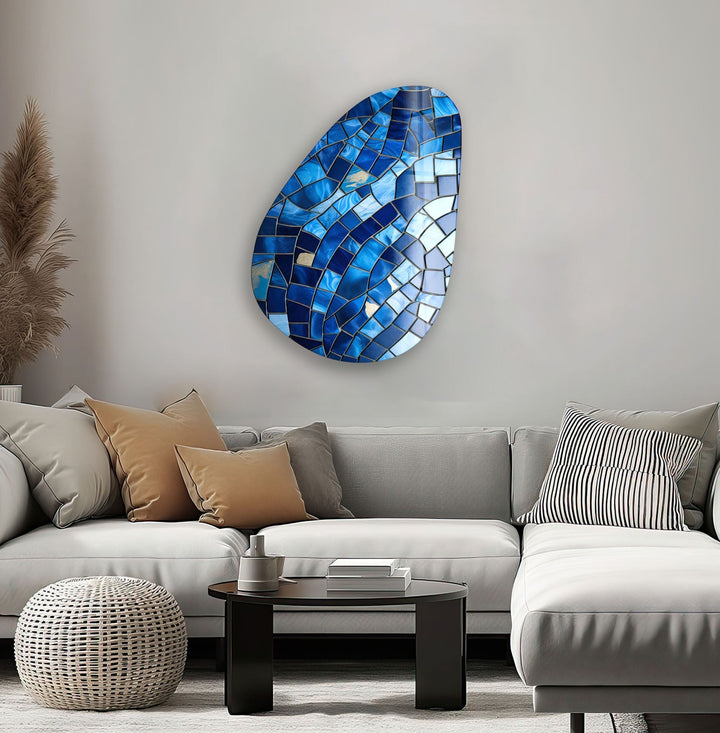 Asymmetrical Oval Blue Stones Glass Wall Art glass pictures for Wall, glass prints wall art
