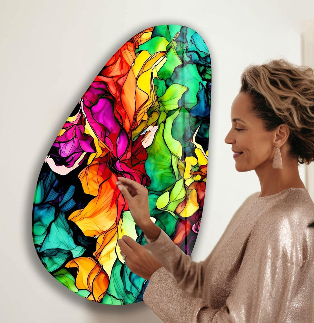 Asymmetrical Oval Colored Flower Glass Wall Art print picture on glass, Tempered Glass Wall Art
