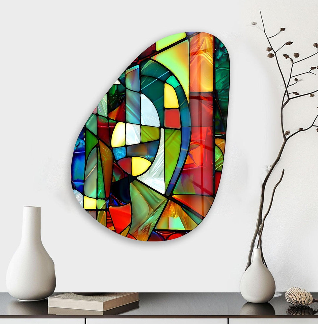 Asymmetrical Oval Colored Geometrics Glass Wall Art stained glass wall art, stained glass wall decor
