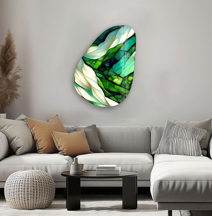 Asymmetrical Oval Green Fractal Glass Wall Art glass wall decor, glass wall art decor
