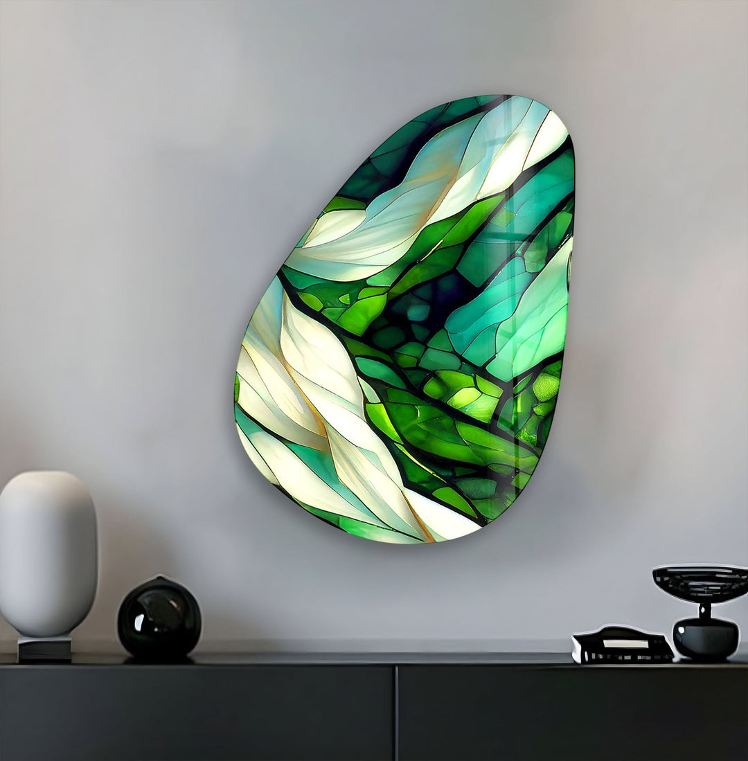 Asymmetrical Oval Green Fractal Glass Wall Art print picture on glass, Tempered Glass Wall Art
