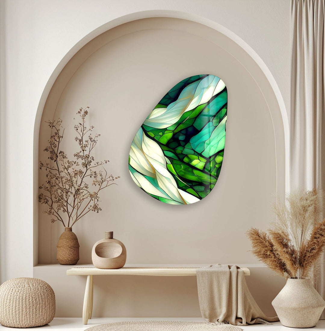 Asymmetrical Oval Green Fractal Glass Wall Art custom glass photo prints, large glass prints
