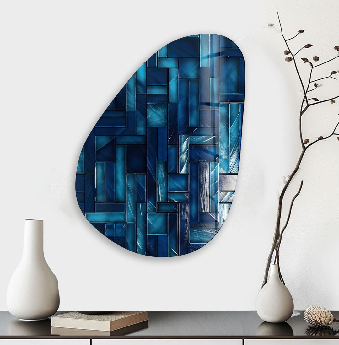 Asymmetrical Oval Navy Blue Lines Glass Wall Art glass photo prints, glass picture prints
