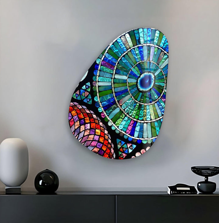 Asymmetrical Oval Stained Blue Green Glass Wall Art glass pictures for Wall, glass prints wall art
