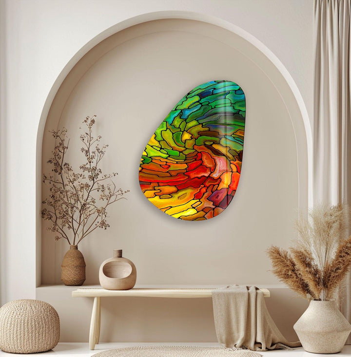 Asymmetrical Oval Stained Colorful Glass Wall Art glass art painting, glass art for the Wall
