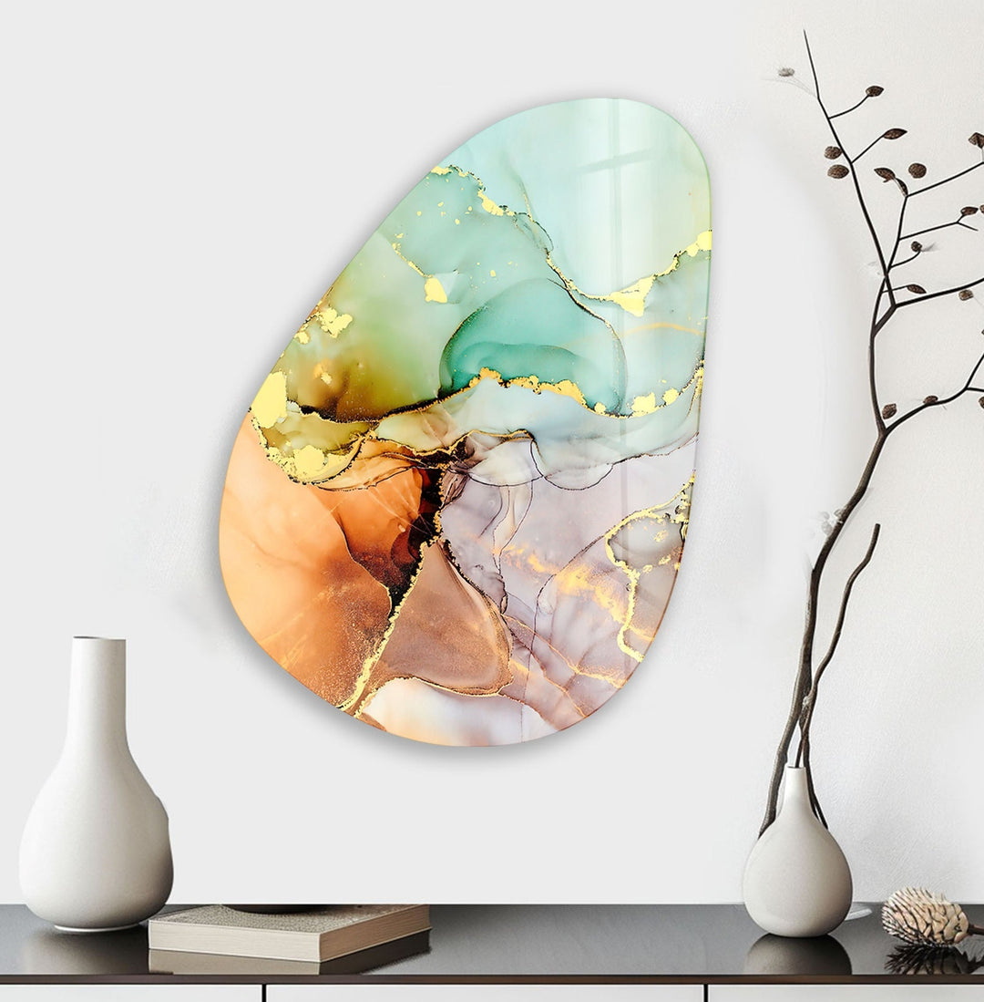 Asymmetrical Oval Turquoise Golden Glass Wall Art art glass wall art, glass wall art pictures
