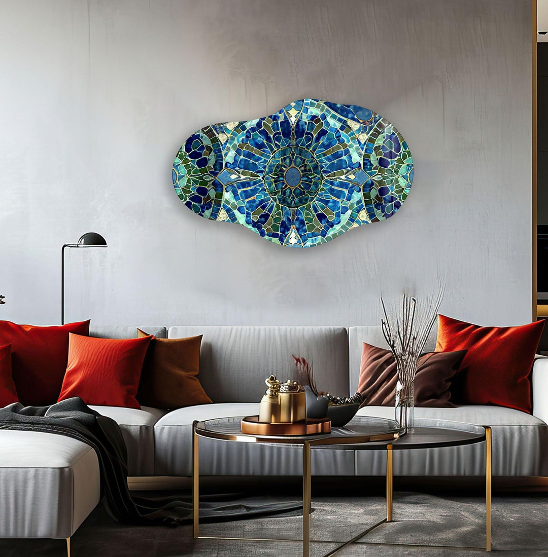 Asymmetrical Blue Mosaic Glass Wall Art print picture on glass, Tempered Glass Wall Art
