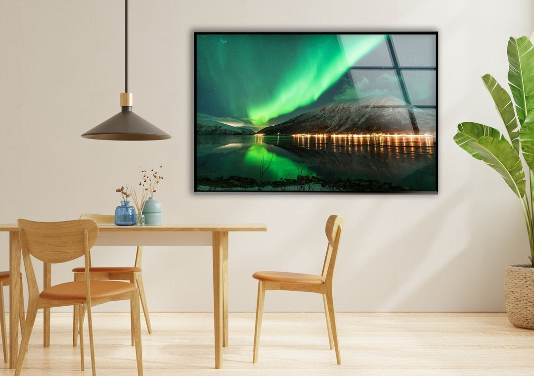 Aurora Borealis Green Glass Wall Art print picture on glass, Tempered Glass Wall Art