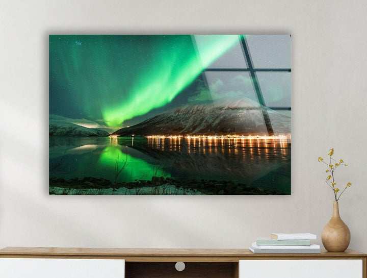 Aurora Borealis Green Glass Wall Art print on glass, glass printed photos