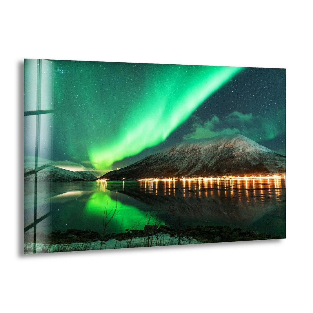 Aurora Borealis Green Glass Wall Art picture on glass wall art, photos printed on glass