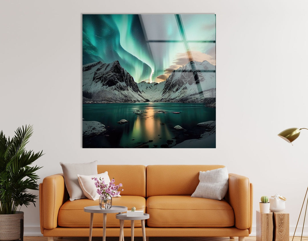 Aurora Borealis Green Lights Glass Wall Art glass art painting, glass art for the Wall
