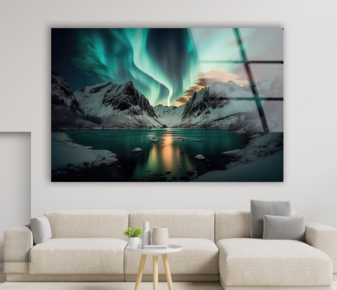 Aurora Borealis Green Lights Glass Wall Art print picture on glass, Tempered Glass Wall Art
