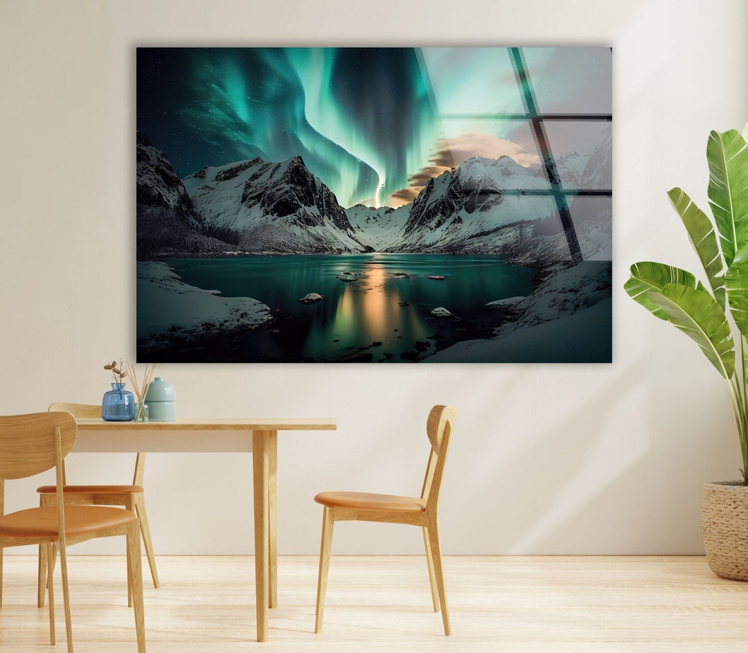 Aurora Borealis Green Lights Glass Wall Art custom glass pictures, glass art prints
