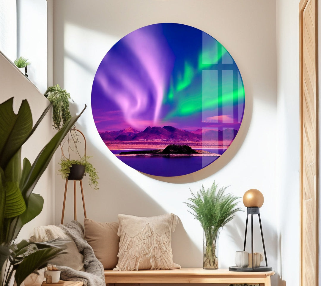 Aurora Borealis Purple Glass Wall Art picture on glass wall art, photos printed on glass