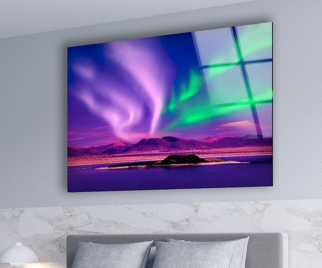 Aurora Borealis Purple Glass Wall Art photo print on glass, prints on glass wall art