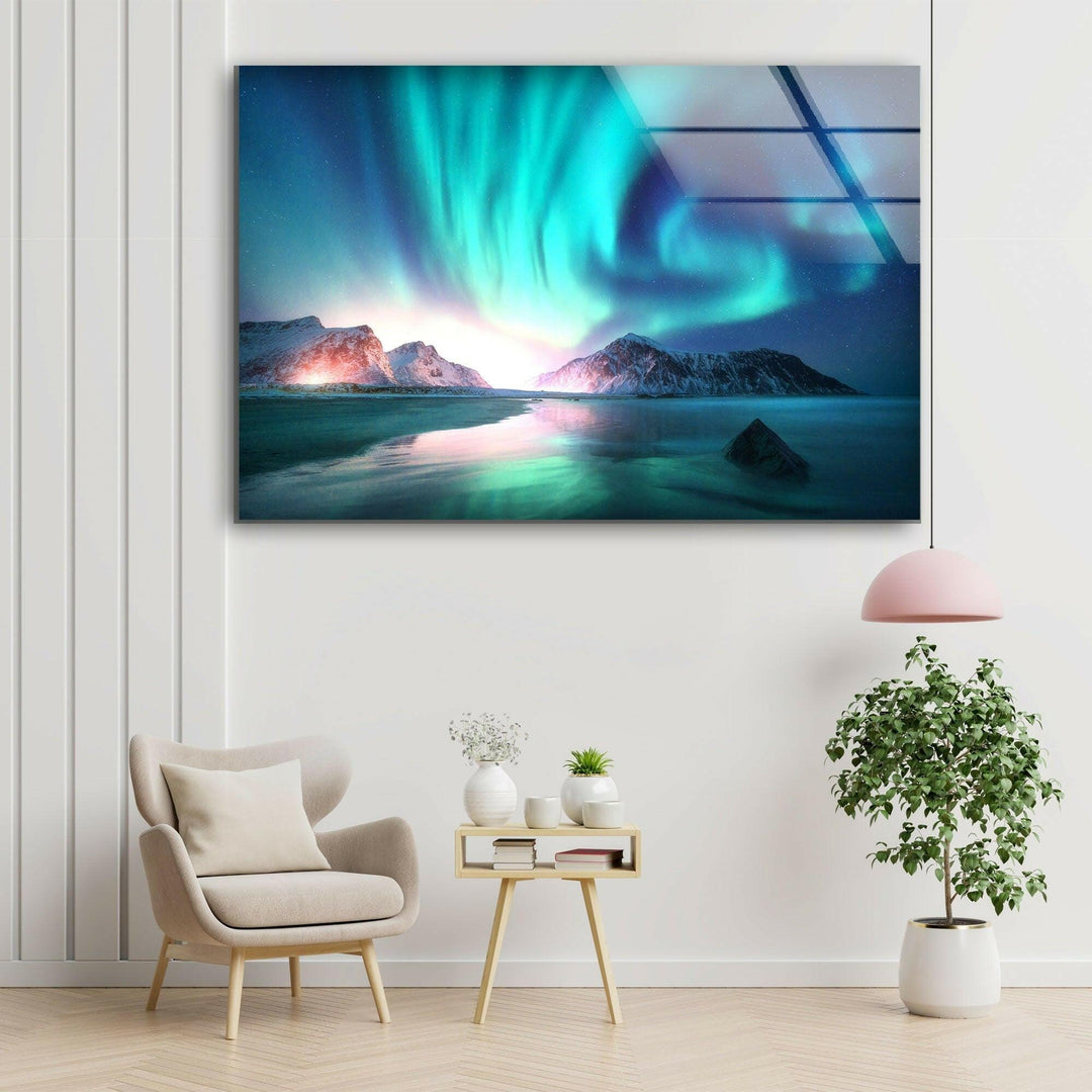 Aurora Northern Blue Glass Wall Art print on glass, glass printed photos