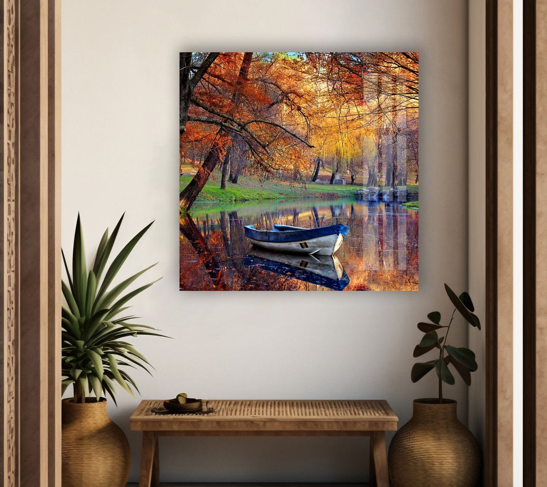 Autumn & Boat Landscape Glass Wall Art art glass wall art, glass wall art pictures