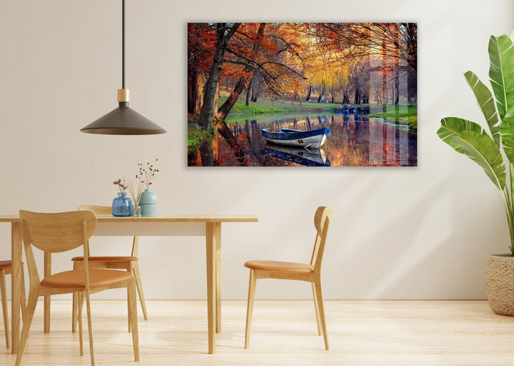 Autumn & Boat Landscape Glass Wall Art glass image printing, glass prints from photos