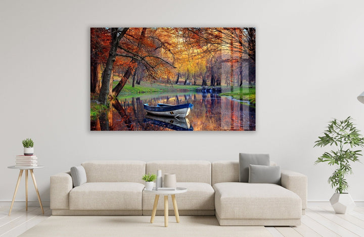 Autumn & Boat Landscape Glass Wall Art glass photo prints, glass picture prints