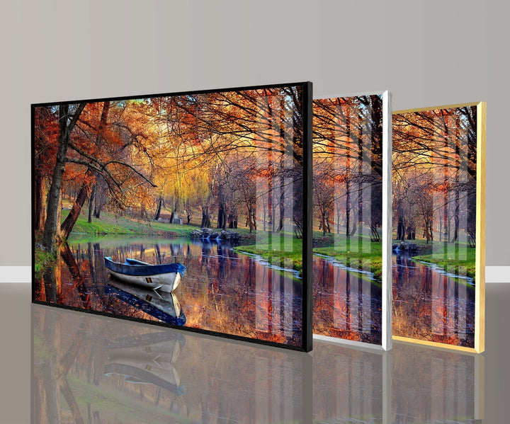 Autumn & Boat Landscape Glass Wall Art glass pictures for Wall, glass prints wall art