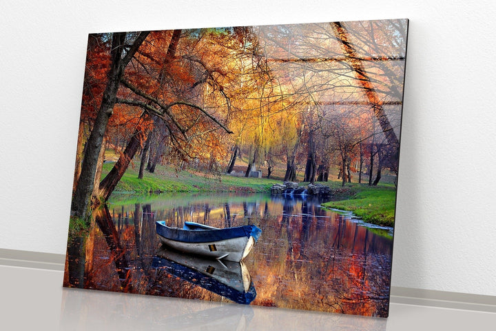 Autumn & Boat Landscape Glass Wall Art stained glass wall art, stained glass wall decor