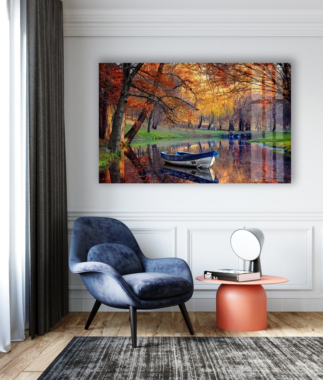 Autumn & Boat Landscape Glass Wall Art glass art painting, glass art for the Wall