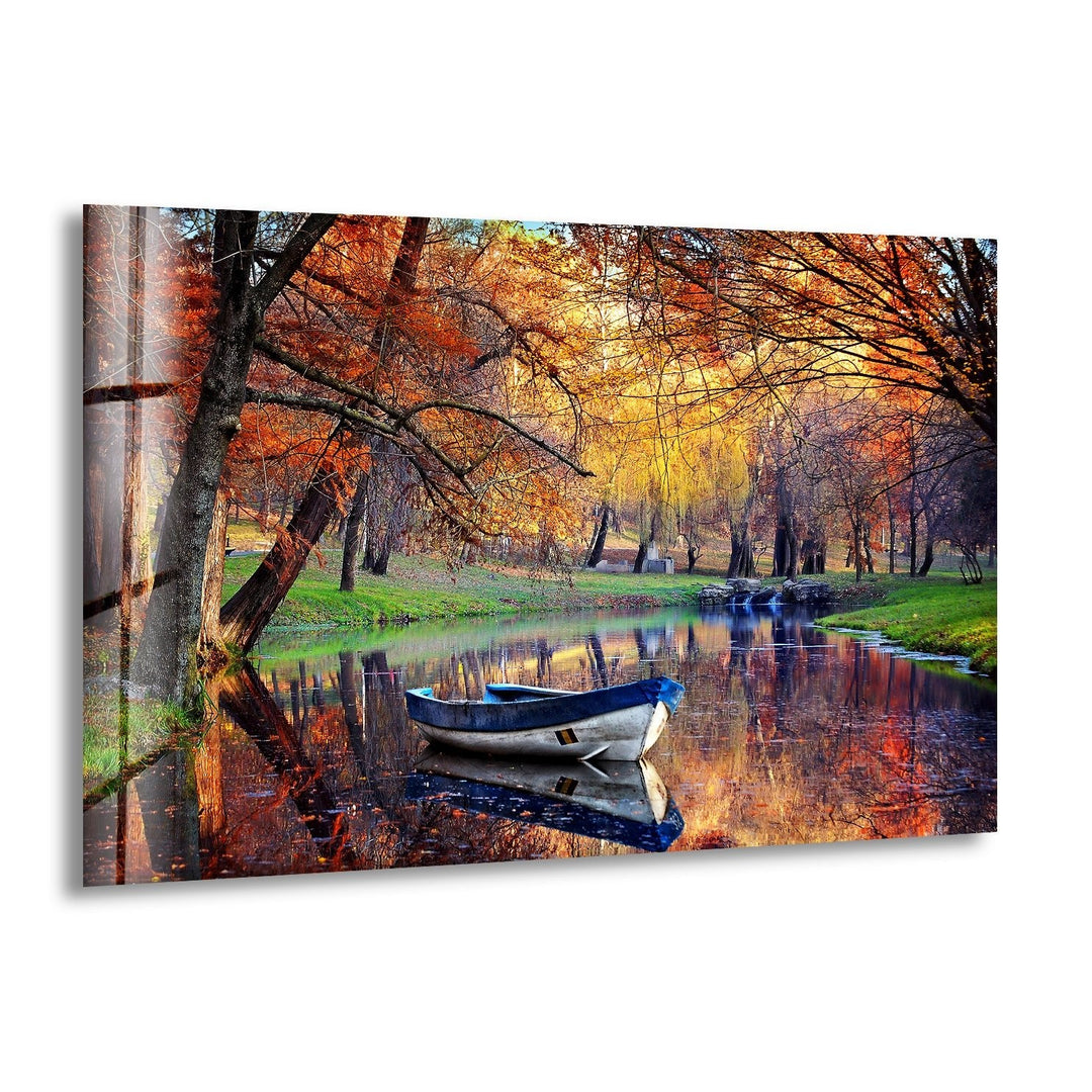 Autumn & Boat Landscape Glass Wall Art print picture on glass, Tempered Glass Wall Art