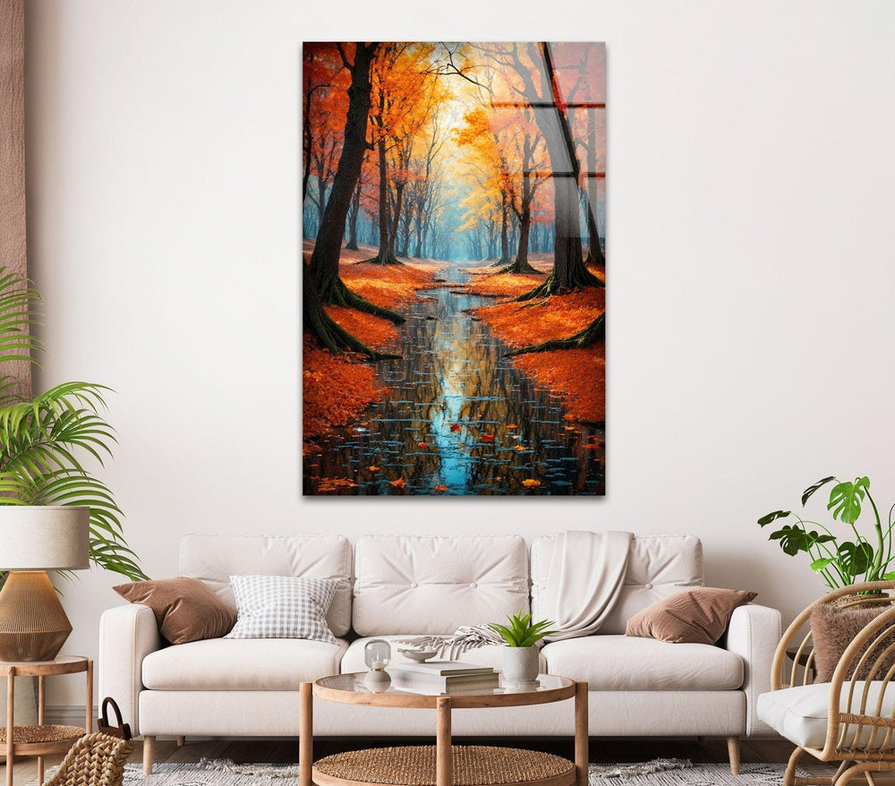 Autumn Forest Landscape Glass Wall Art print picture on glass, Tempered Glass Wall Art