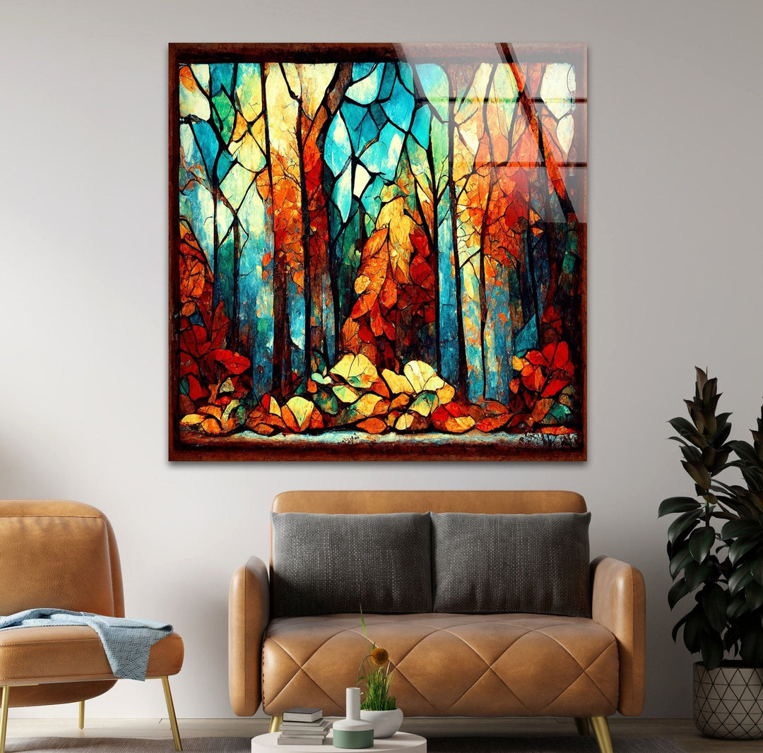 Autumn Forest Stained Glass Wall Art custom glass photo prints, large glass prints