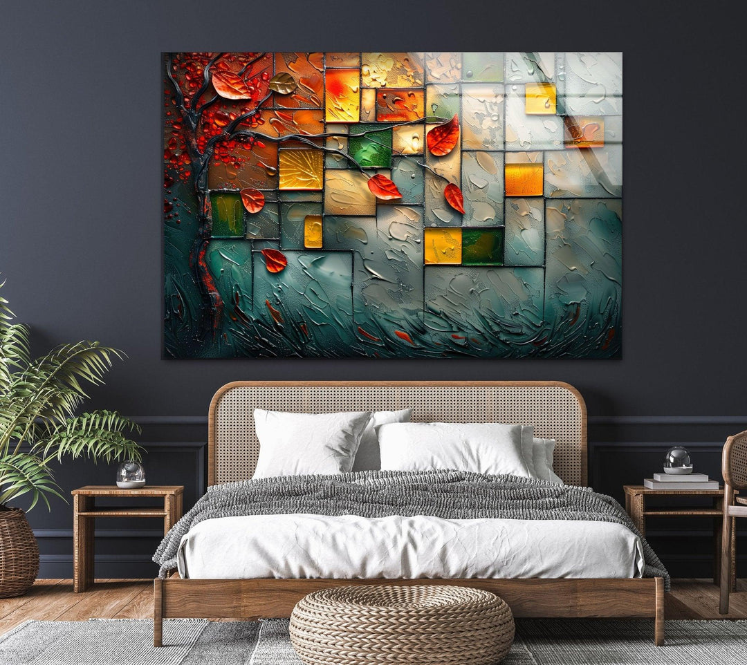 Autumn Mosaic Abstract Glass Wall Art print picture on glass, Tempered Glass Wall Art
