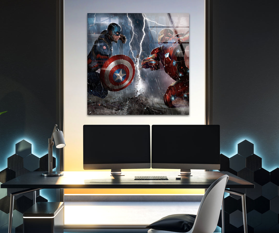 Captain America vs Iron Man Civil War Glass Wall Art picture on glass wall art, photos printed on glass
