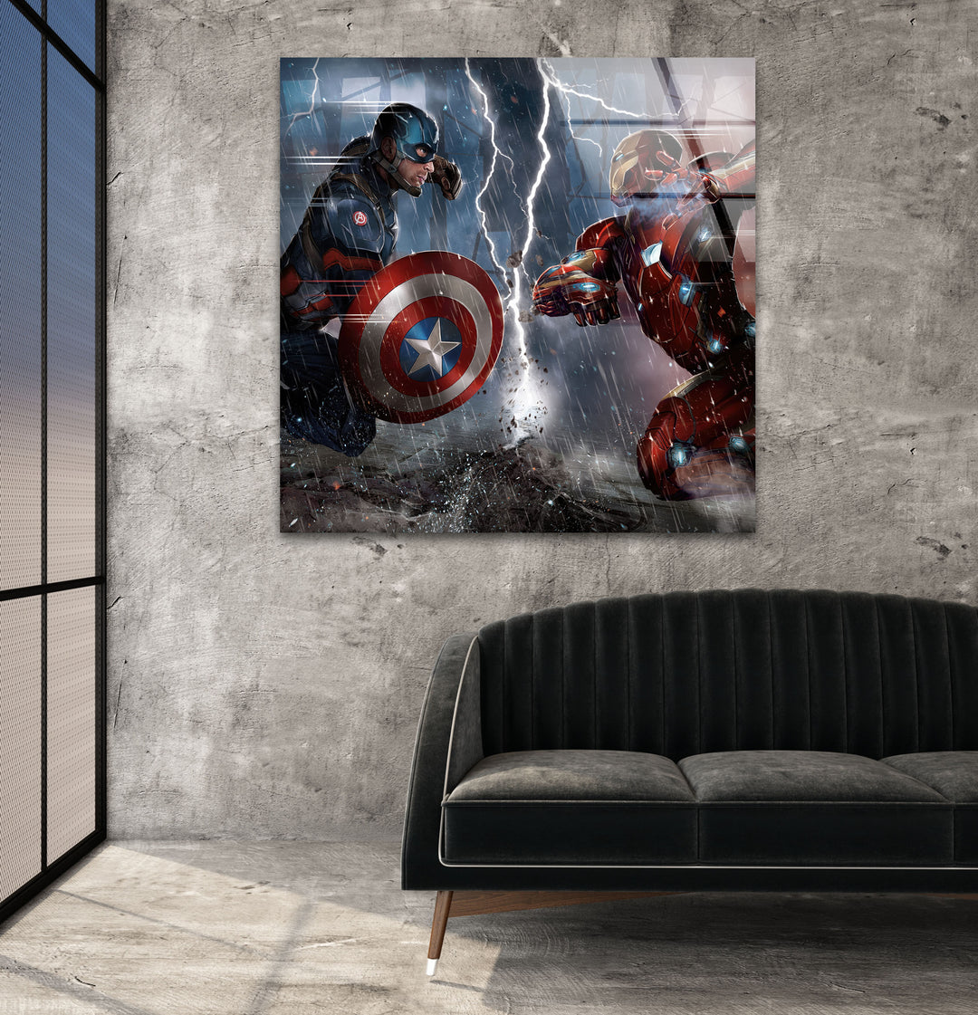 Captain America vs Iron Man Civil War Glass Wall Art print picture on glass, Tempered Glass Wall Art
