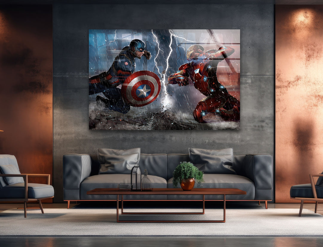 Captain America vs Iron Man Civil War Glass Wall Art glass photo prints, glass picture prints
