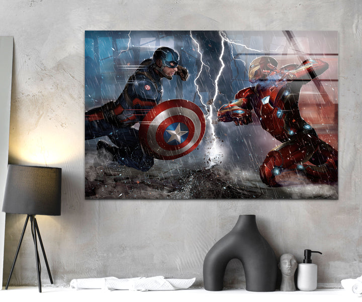 Captain America vs Iron Man Civil War Glass Wall Art art glass wall art, glass wall art pictures
