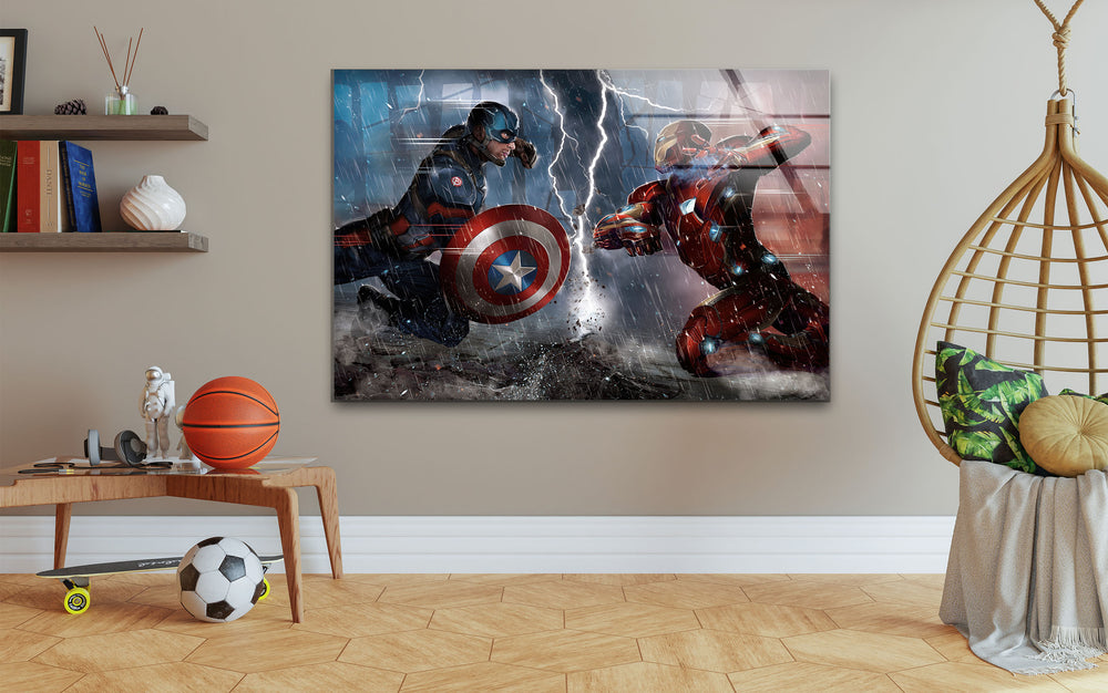 Captain America vs Iron Man Civil War Glass Wall Art large glass photo prints, glass wall photos
