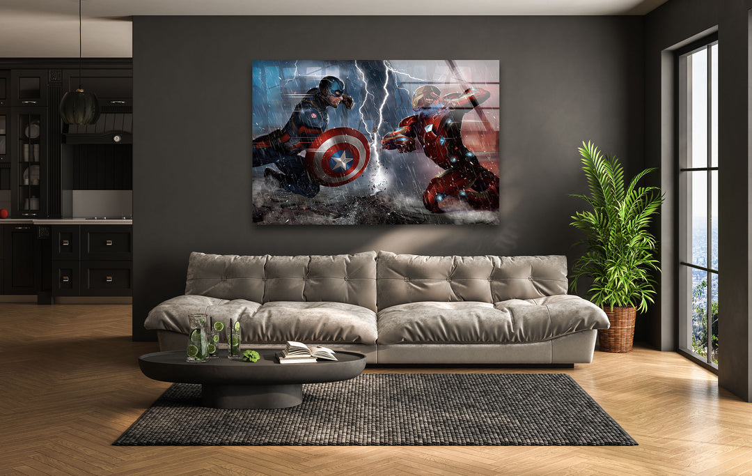 Captain America vs Iron Man Civil War Glass Wall Art glass wall decor, glass wall art decor
