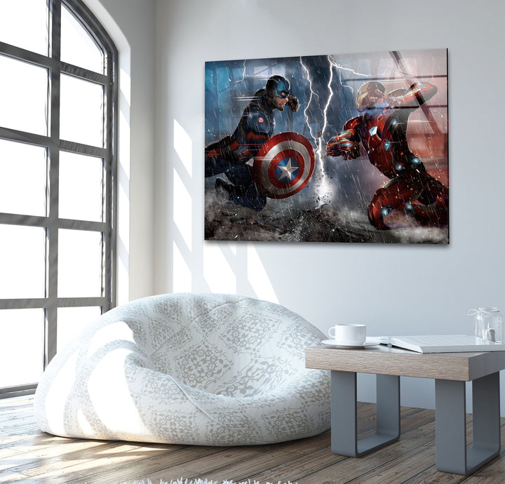 Captain America vs Iron Man Civil War Glass Wall Art print on glass, glass printed photos
