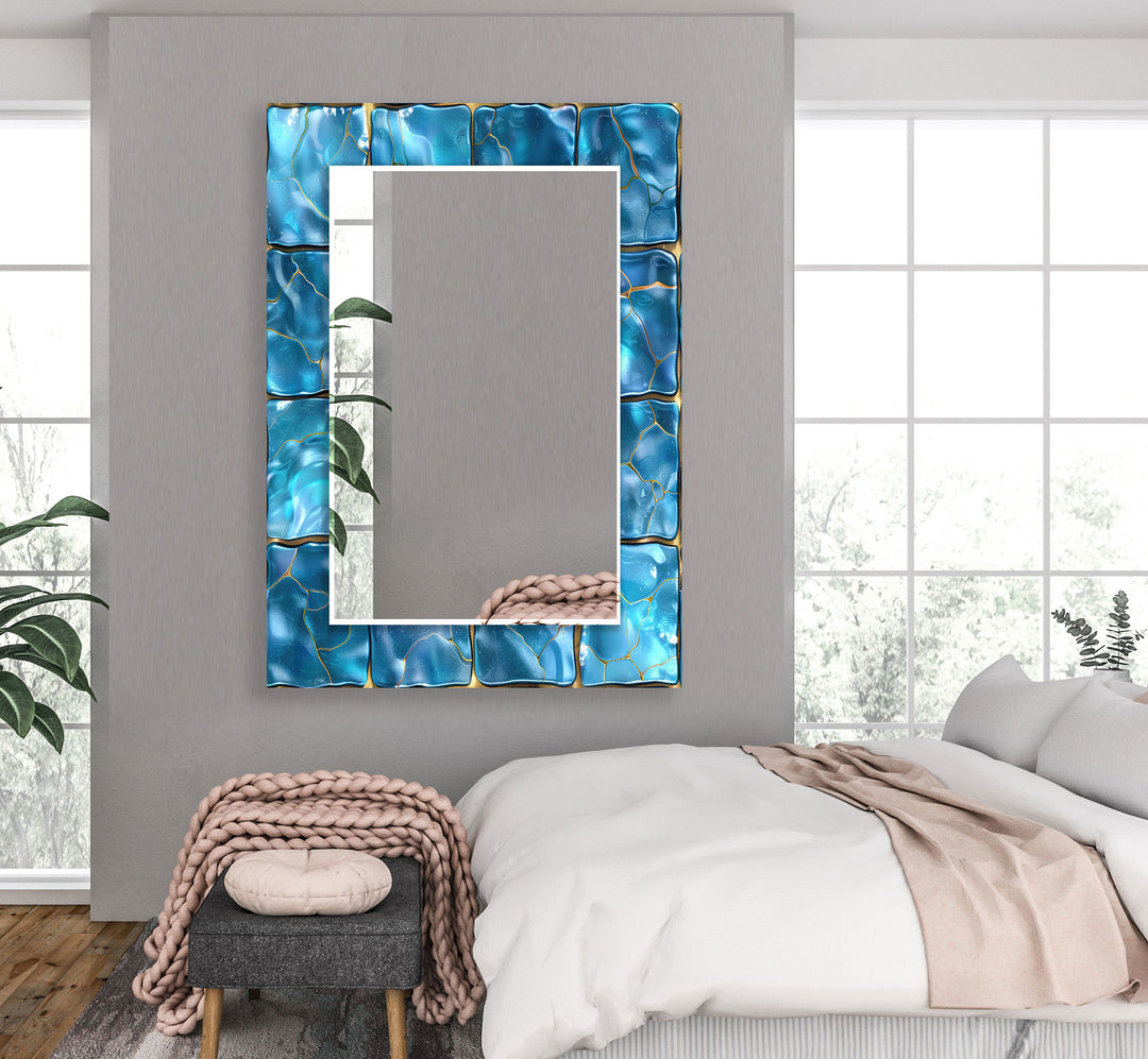 Blue Shiny Marble Design Wall Mirrors large living room mirror
