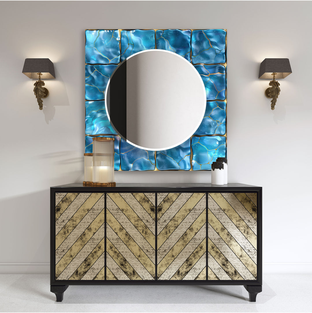 Blue Shiny Marble Design Wall Mirrors lighted mirror
