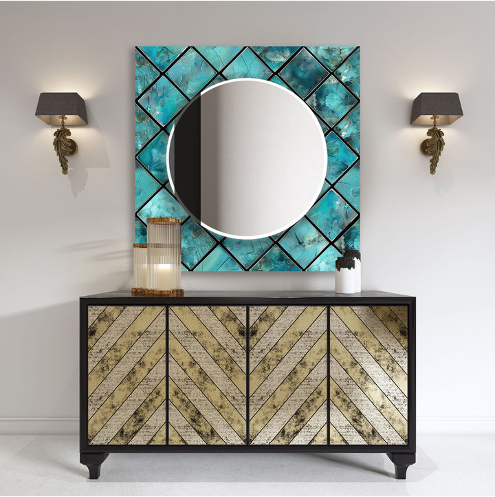 Geometric Design Blue Abstract Wall Mirror gold frame mirror
