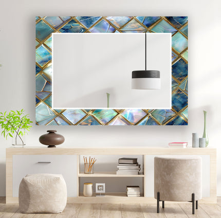 Gold Details Blue Marble Tempered Glass Wall Mirror