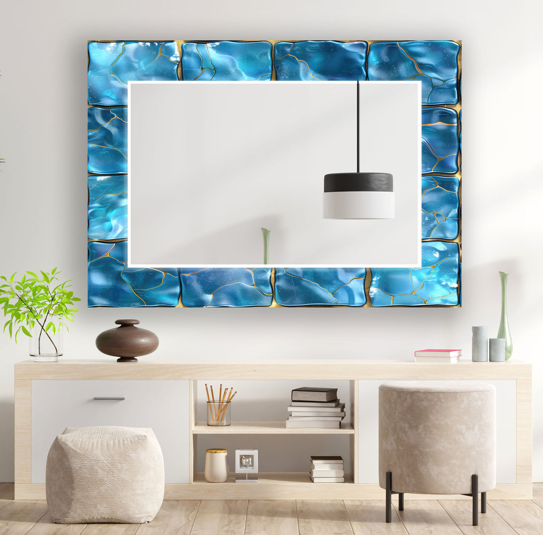 Blue Shiny Marble Design Wall Mirrors large floor mirror
