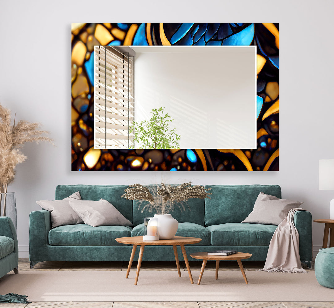 Blue & Gold Stained Wall Mirror Rectangle Wall Mirror
