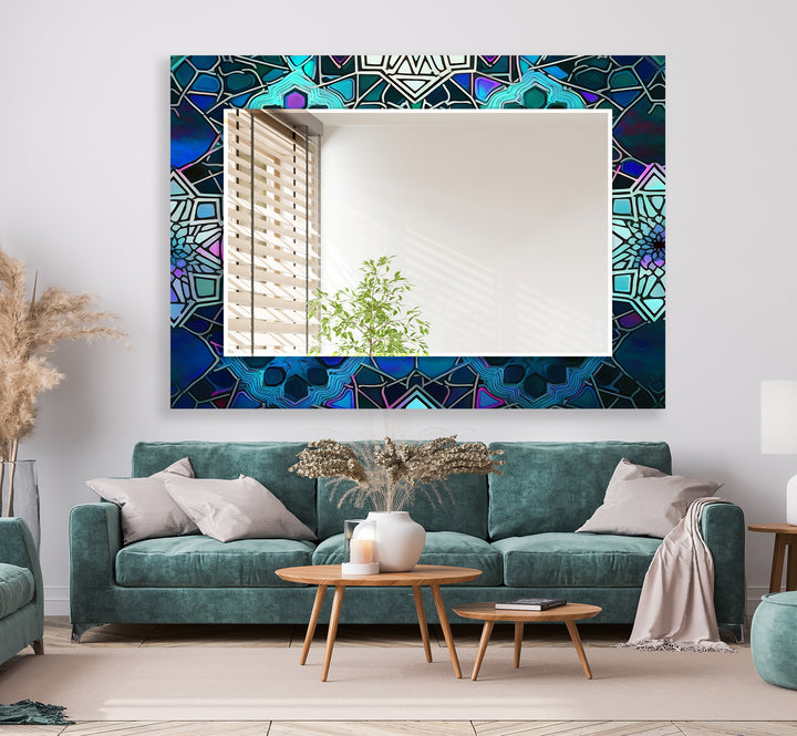 Dark Blue Design Abstract Wall Mirror Green Mirror	
