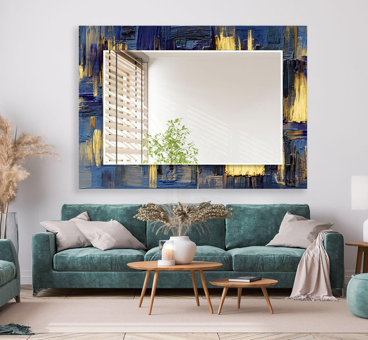 Blue & Yellow Painting Wall Mirror black frame mirror
