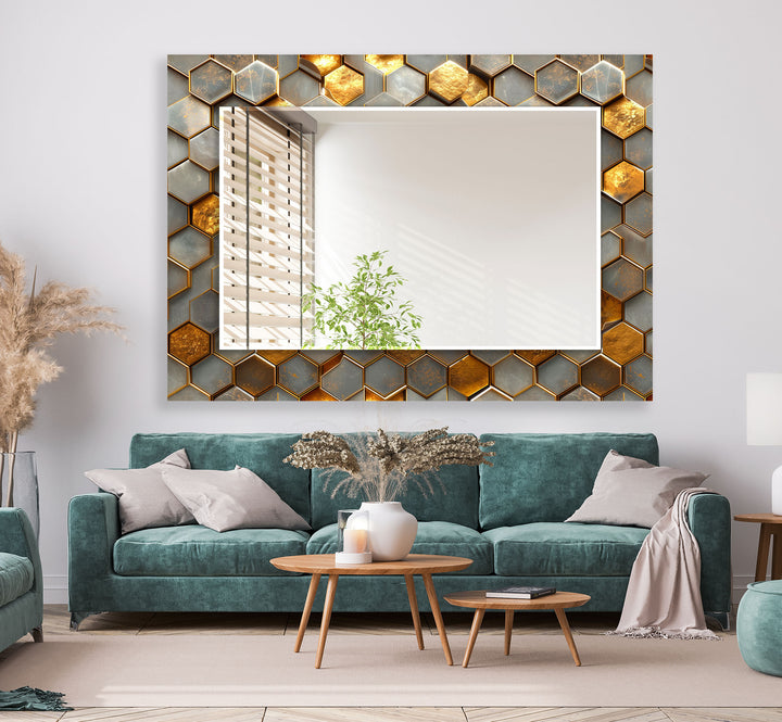 Hexagon Pattern With Gold Detail Wall Mirror Decorative Mirror
