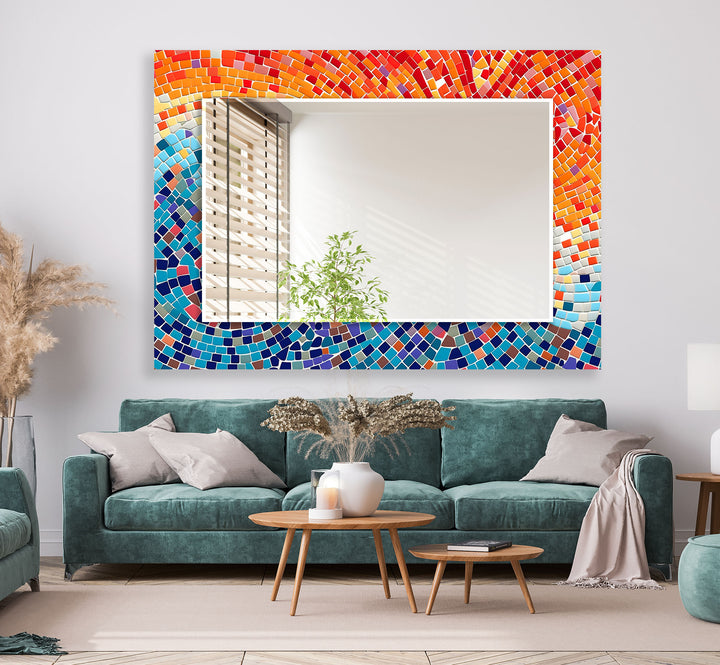 Orange and Blue Mosaic Round Wall Mirror Rectangle Wall Mirror
